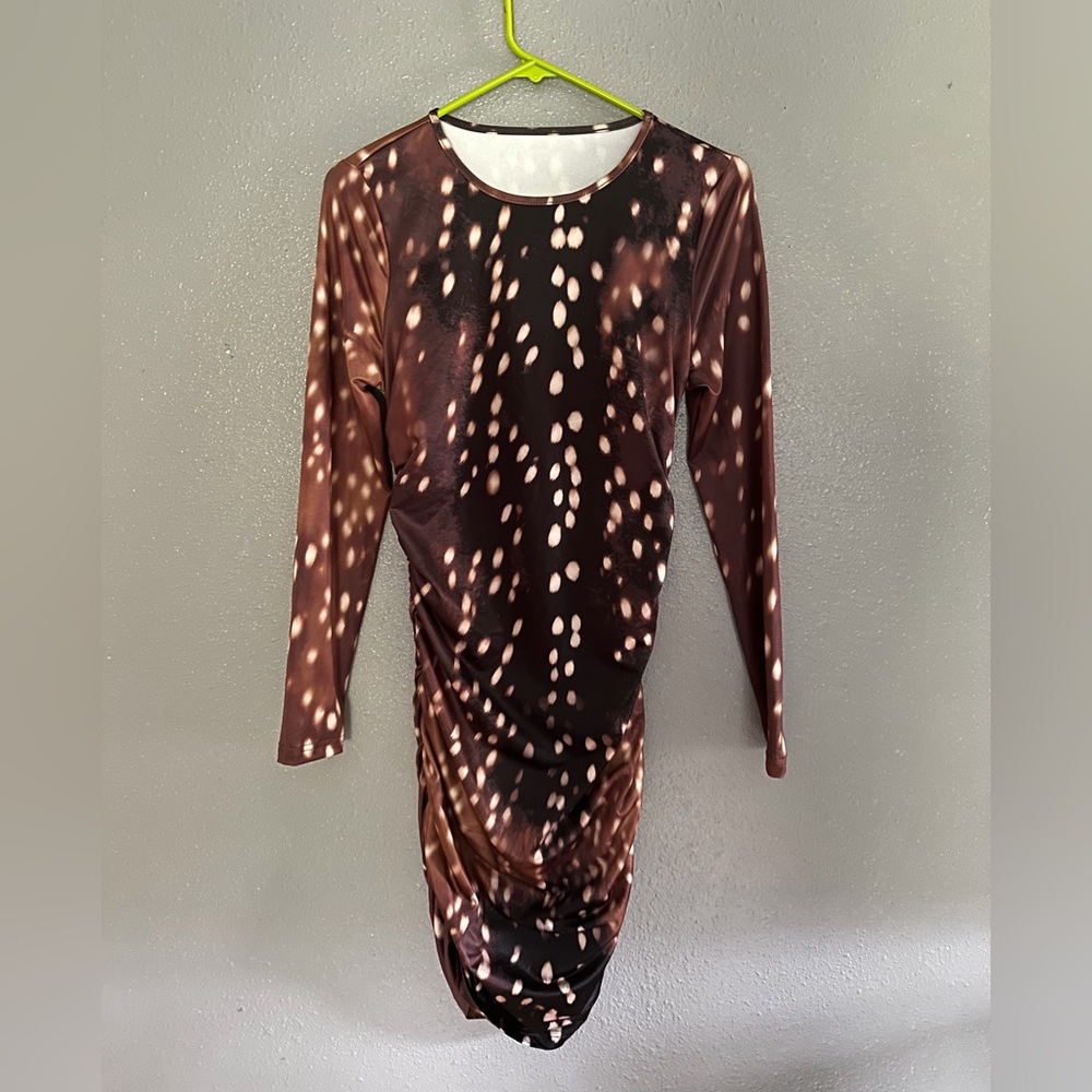 Ruched Long-Sleeve Brown Spot-Print Bodycon Dress